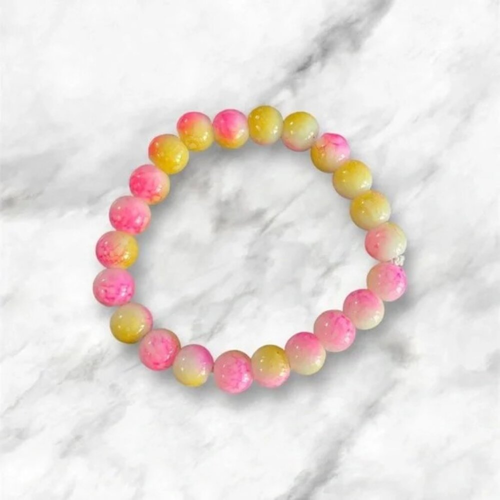New Womens Yellow & Pink Tye Dye Beaded Bracelet